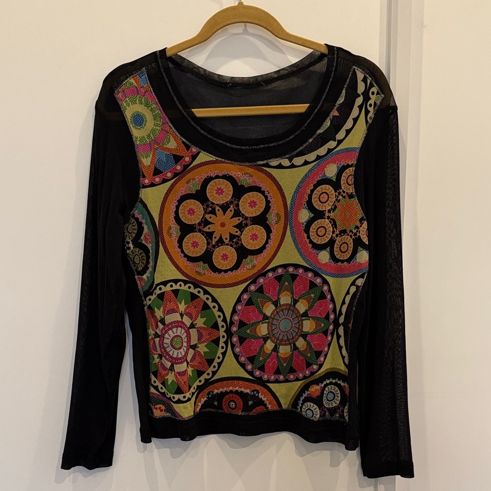 Vintage Y2K Colorful Mandala Sheer Long Sleeve Top